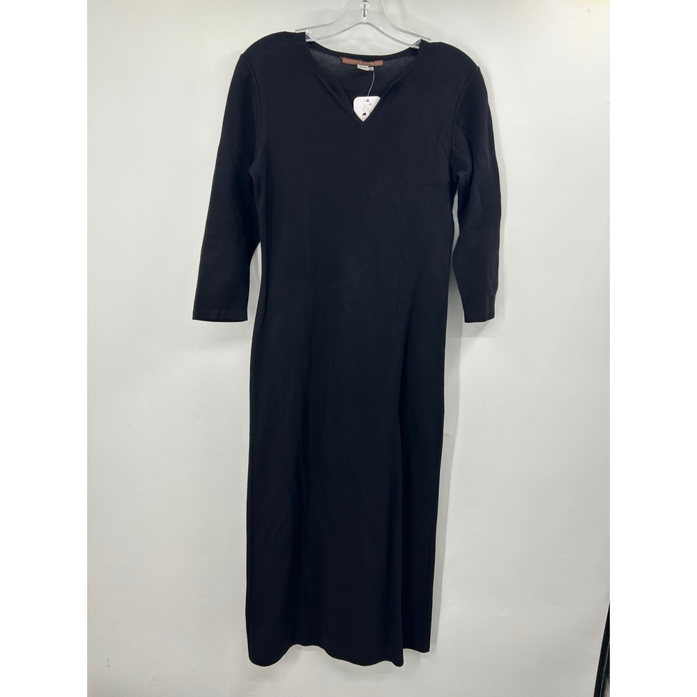 Peruvian Connection Black 100% Pima Cotton V-Neck Midi Dress Small 3/4 Sleeve